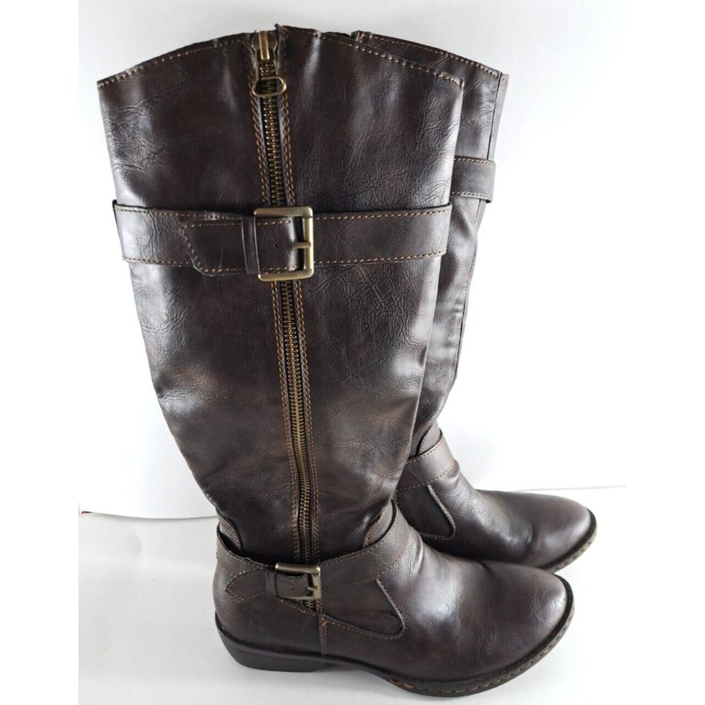 Womens b.o.c Boc Boots Brown Tall Riding Buckles Zip Up Faux Leather Size 6.5